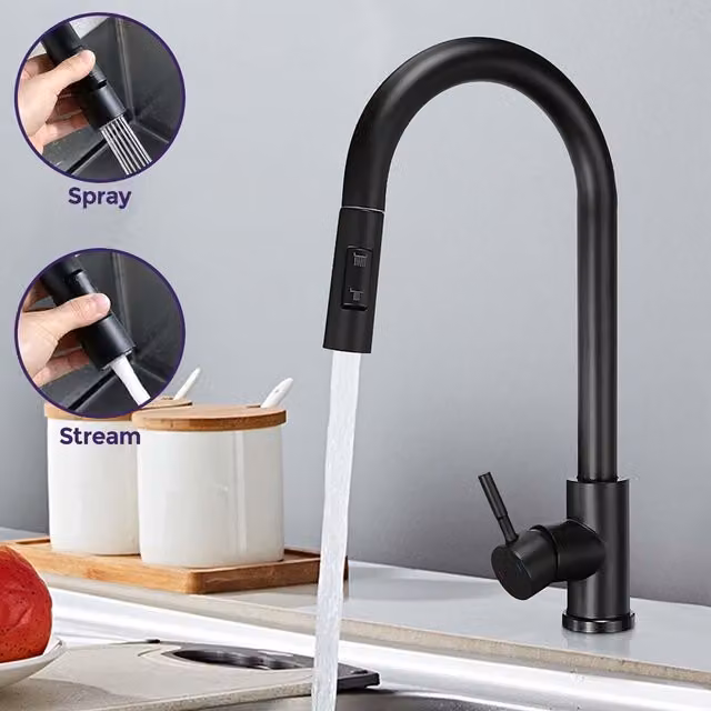 Nes Home Manhattan Pull Out Kitchen Single Lever Mixer Tap with 360 Swivel Spout in Matte Black