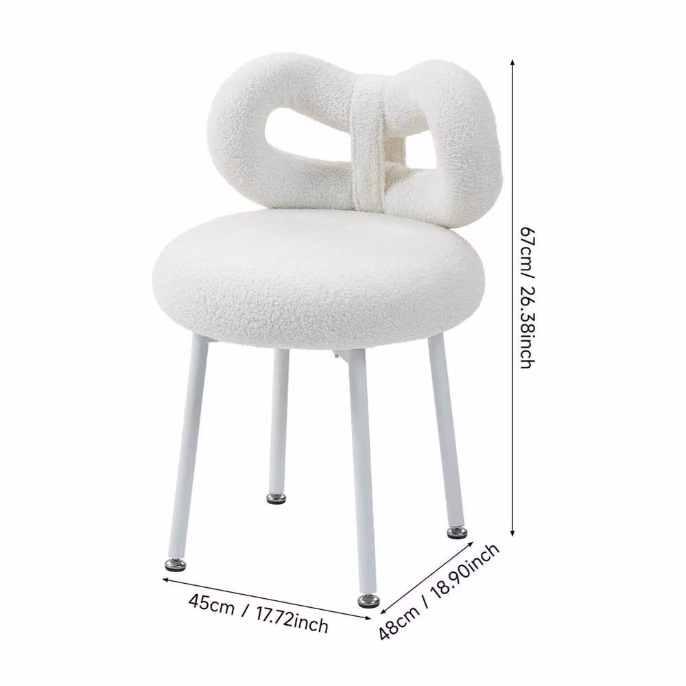 FORGEVIO White Bouclé Vanity Dressing Table Stool with Metal Frame, W/D/H: 45 x 48 x 67 cm – 1