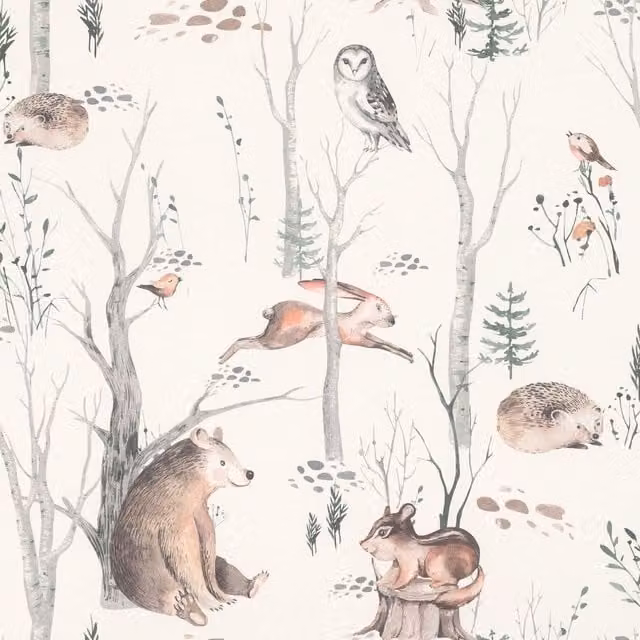 Rasch Walk Woodland Non-Woven Wallpaper in White with Nature and Animal Patterns