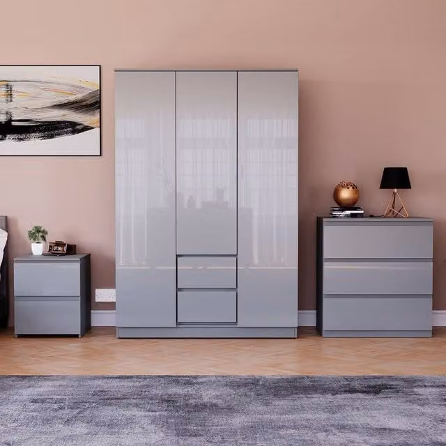 HD Designs Vida Designs Glinton 3 Piece Grey Glossy Bedroom Set – 1
