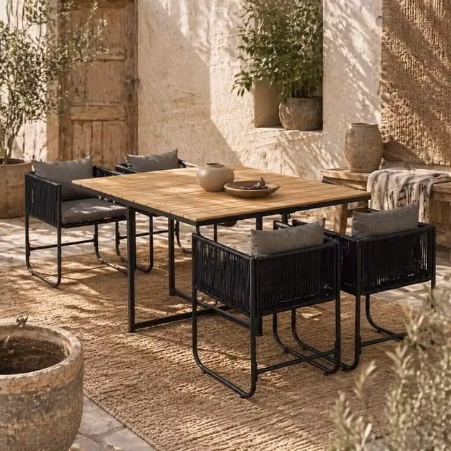 Wyld Haus Lilere 4 Seater Cube Rattan Garden Dining Set with Cushions and Wood Effect in Black