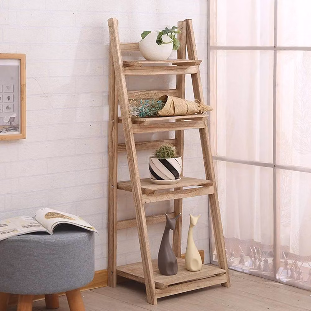 KORVIXA 4-Tier Wooden Ladder Shelf Display and Storage Stand in Natural Brown and Sand – 2