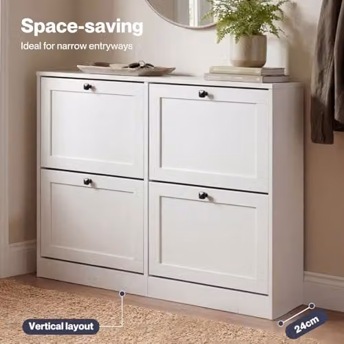 Levede White Scandinavian Slim Shoe Storage Cabinet with Tilting Compartments and Internal Shelves, W/D/H: 80 x 24 x 105 cm – 4