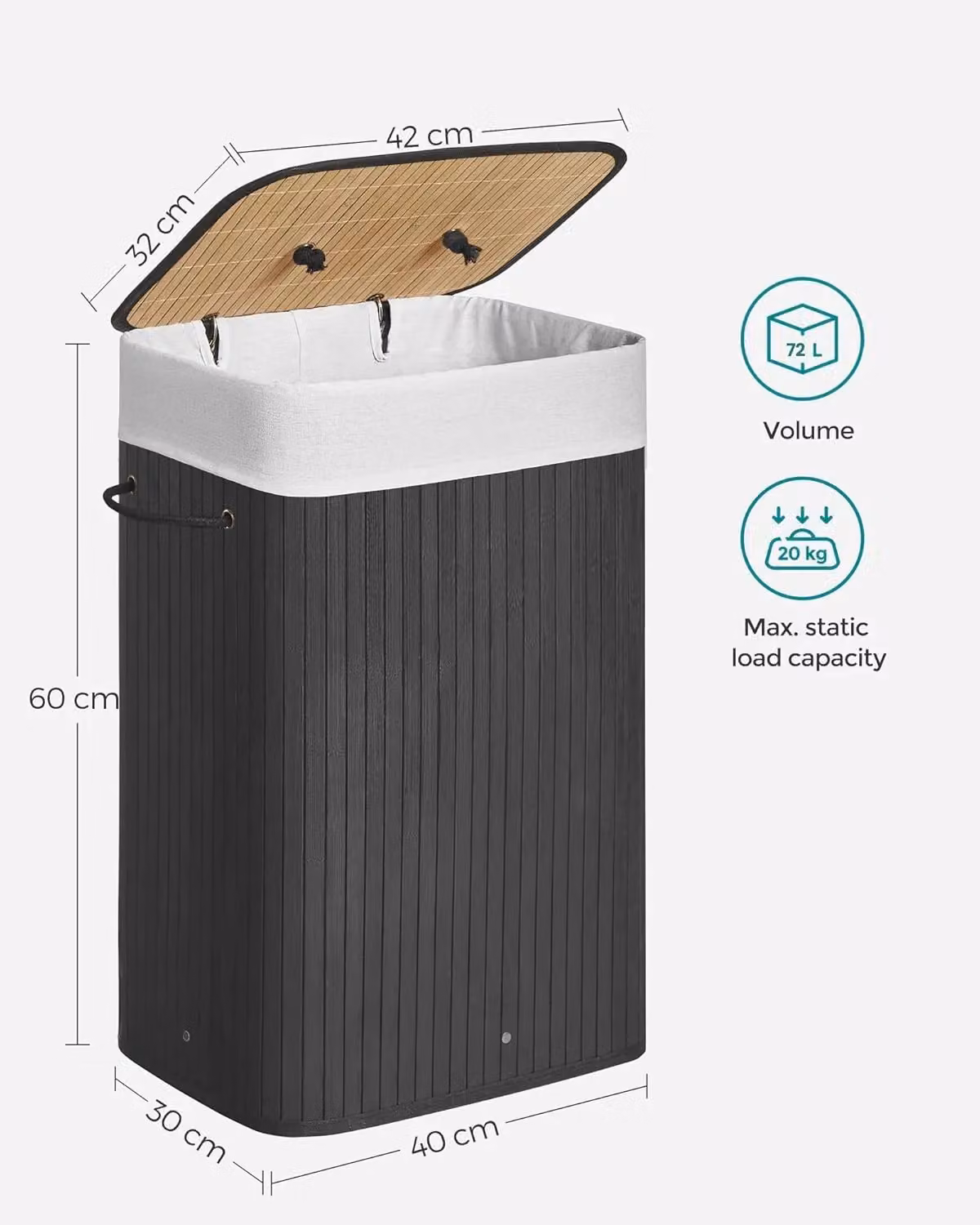 SONGMICS Medium Bamboo Foldable Laundry Basket with Lid and Removable Washable Bag, Black, W/D/H: 40 x 60 x 72 cm – 2