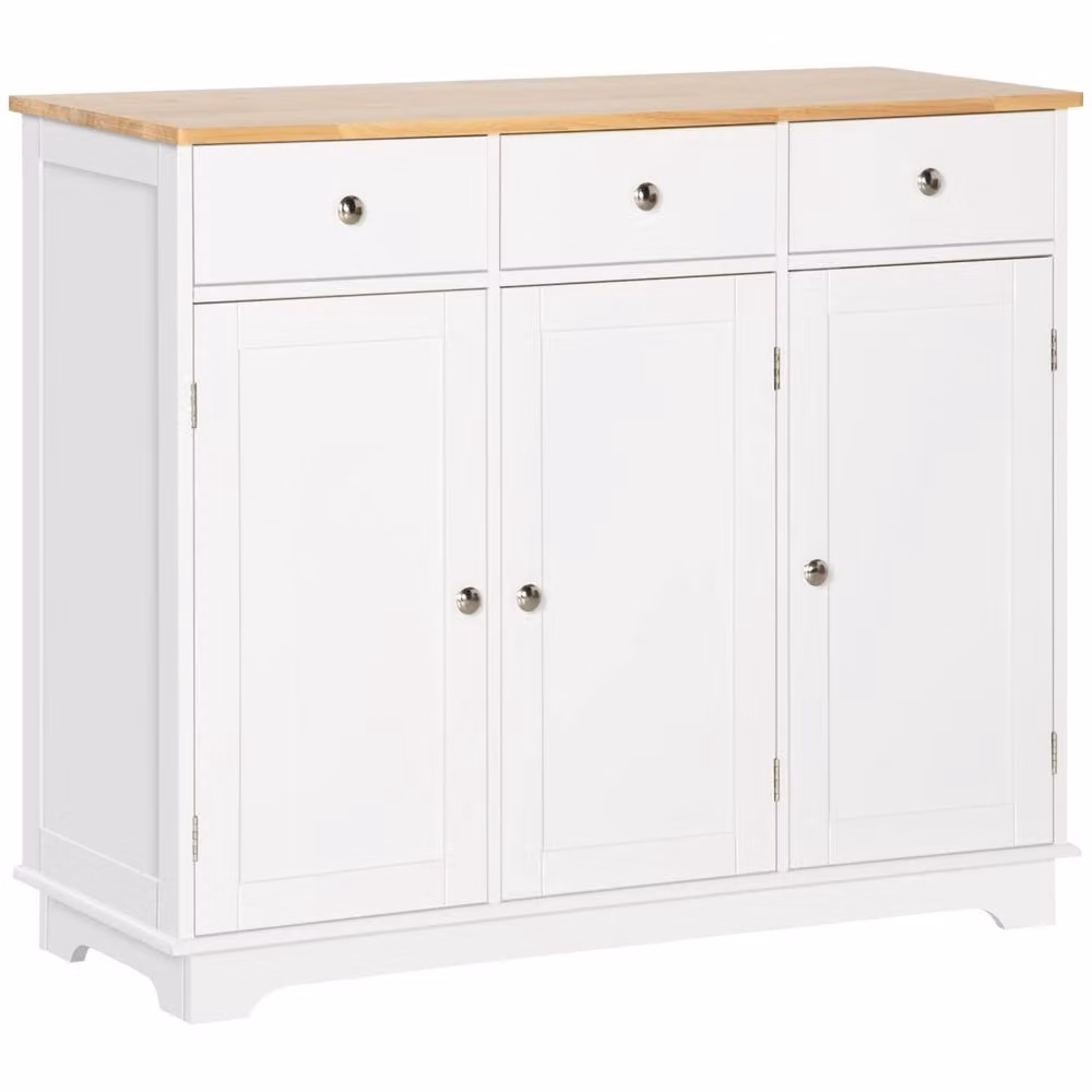 Wyld Haus Totoro Sideboard with White Body and Natural Rubberwood Top, 3 Doors and 3 Drawers – 2