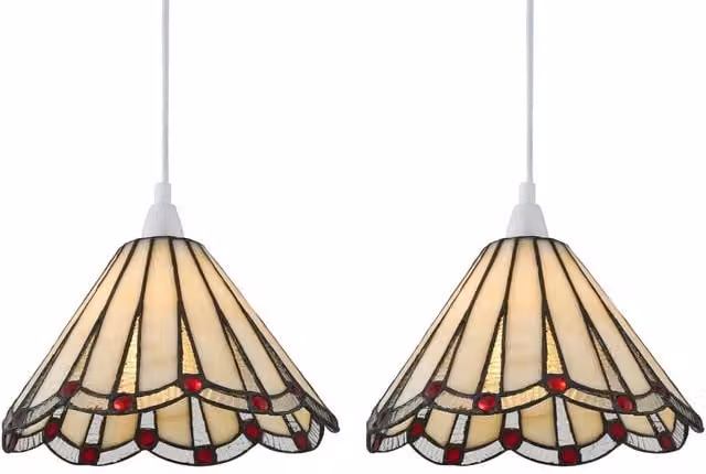 First Choice Lighting Ely Set of 2 Tiffany Glass Easy Fit Pendant Shades in Red and Multicolour