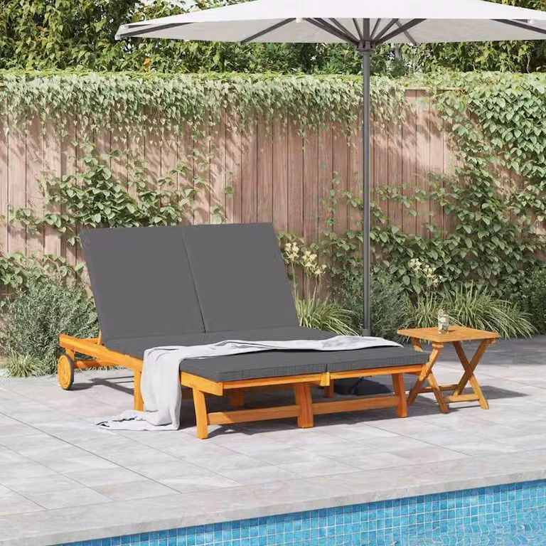Berkfield Home Double Sun Lounger with Wheels and Cushion in Brown Solid Acacia Wood