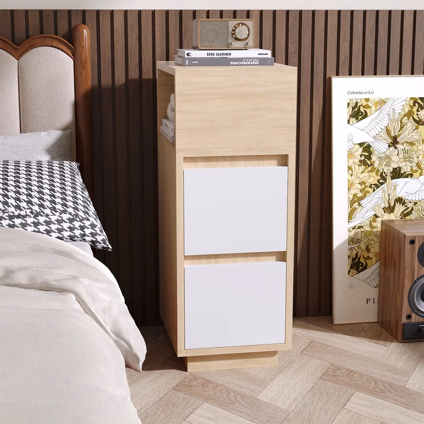 Living and Home Minimalist Bedside Table with Drawers in Beige Wood – 2