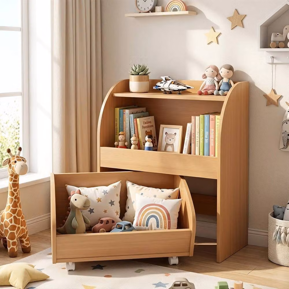 VOGREX Kids Toy Shelf with 2 Open Shelves and Wheeled Drawer in Natural Brown Wood – 4