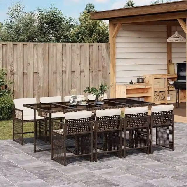 Berkfield Home 9 Piece Brown Poly Rattan Garden Dining Set with Cushions and Glass Table
