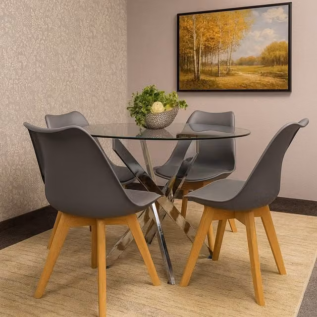 Kosy Koala Modern Glass Dining Table with 4 Grey Leather Chairs