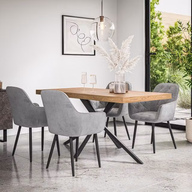 More4Homes Donni Dining Table and Anika Grey Velvet Chairs Set of 6, Oak Effect Top with Black Legs, W/D/H: 160 x 80 x 76 cm