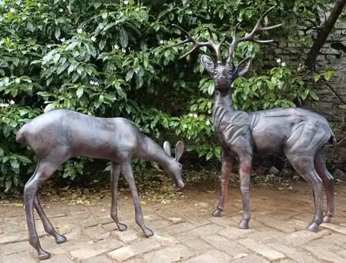 Inspirational Gifting Bronze Stag and Doe Garden Sculpture Set, Aluminium Metal Ornament – 1