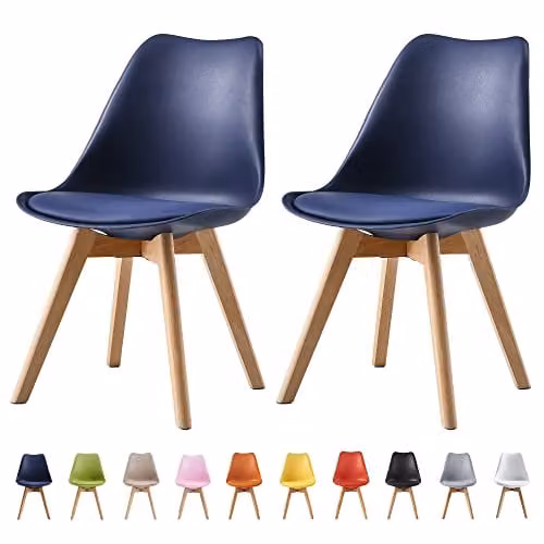 MCC Direct Set of 2 Retro Blue Dining Chairs with Wooden Legs and Padded Synthetic Leather Cushions – 1