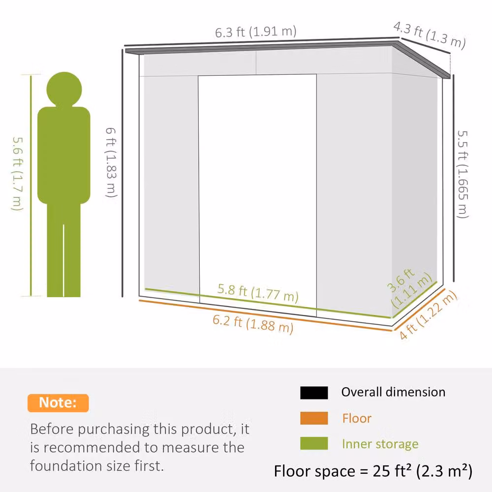Rolipo Galvanised Metal Pent Garden Shed with Lockable Double Doors, Light Grey, W/D/H: 122 x 183 x 188 cm – 4
