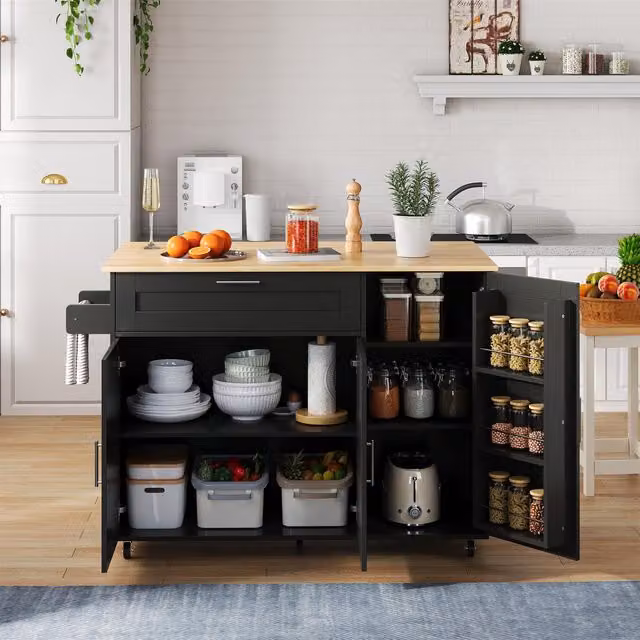 Aosom UK Multifunctional Kitchen Island with Foldable Worktop and Shelves, Black and Brown, W: 132.5 cm, D: 44 cm, H: 90 cm – 1