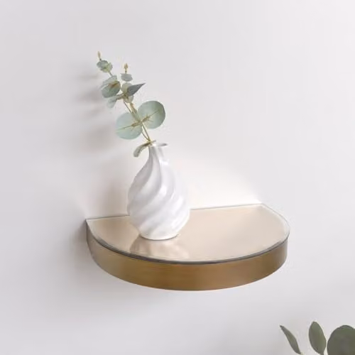 Melody Maison Curved Champagne Mirrored Floating Wall Shelf with Gold Edge and Integrated Lighting W/D/H: 30 x 20 x 4 cm