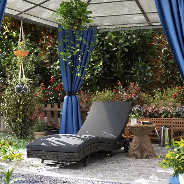 Outsunny Modern Dark Grey Polyrattan Outdoor Reclining Lounge Chair with Castors and Multi-Position Glide