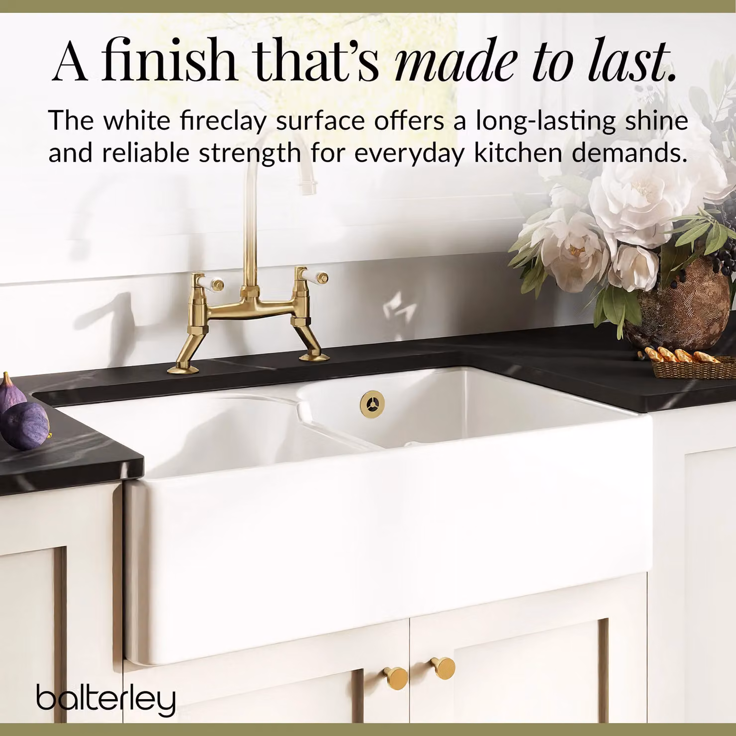 Balterley White Ceramic 2 Bowl Stepped Weir Butler Sink with Wastes and Tap, W: 79.5 cm – 3