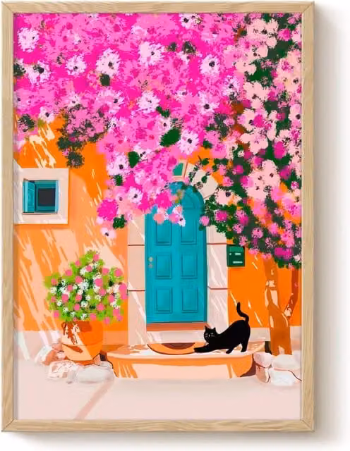 The Paper Tail Blue Door Black Cat Art Print, Multicolour Illustration, A3