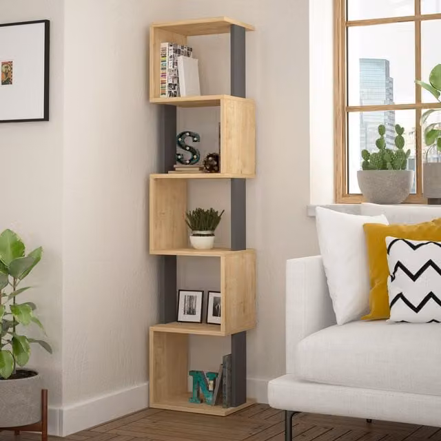Decortie Piri Modern Five Tier Bookcase Display Unit in Anthracite Grey and White, H 161 cm x W 30 cm x D 30 cm