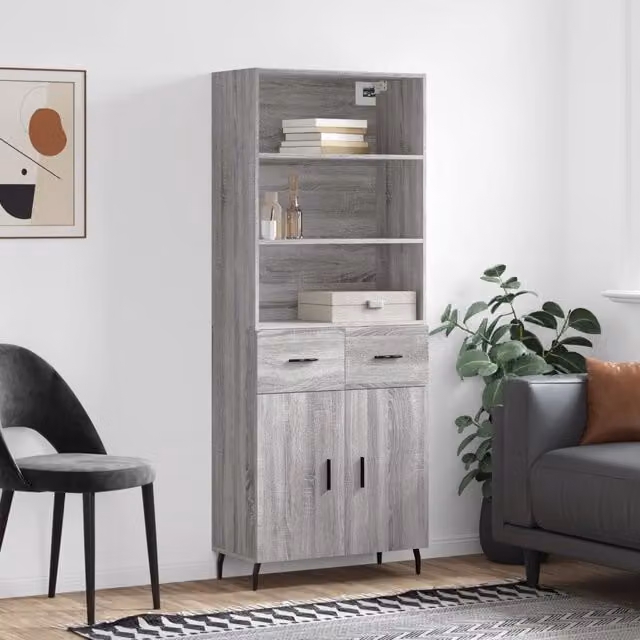 Berkfield Home Grey Sonoma Highboard with Hinged Doors and Internal Shelves, W: 69.5 cm, D: 34 cm, H: 180 cm – 1