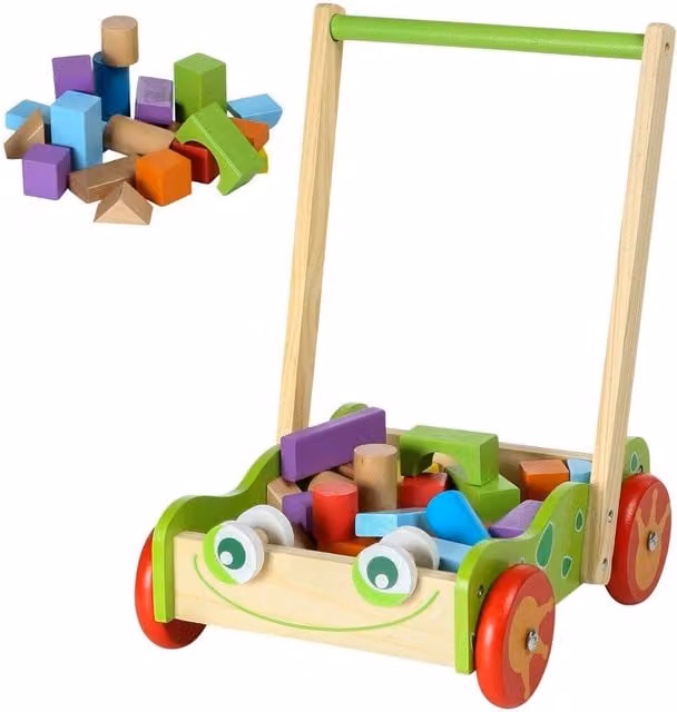 The Magic Toy Shop Green and Multicolour Wooden Baby Push Along Walker