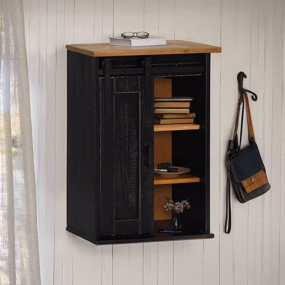 Berkfield Home HALDEN Hanging Cabinet with Sliding Doors, Black Pine, W: 49 cm, D: 22.5 cm, H: 70 cm – 2