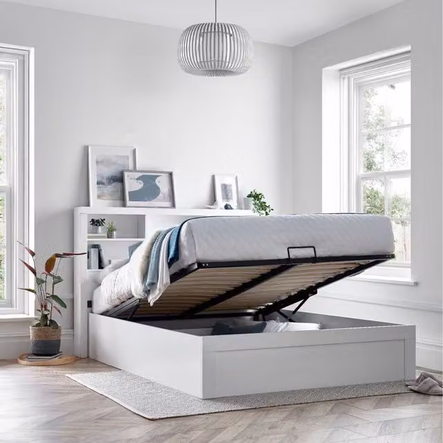 Bedmaster Modern White Engineered Wood Ottoman Storage Bed with Lift Up Base, 140 x 200 cm