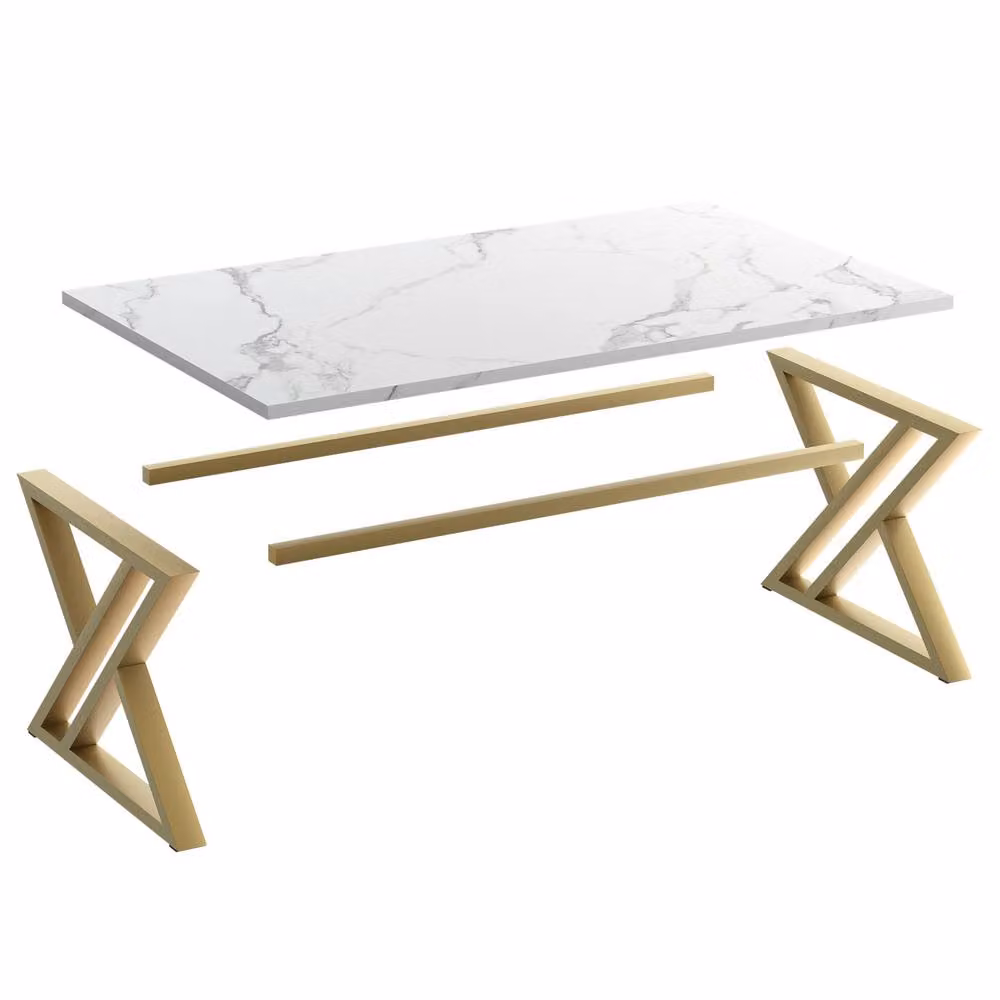 Huhote Rectangular Coffee Table with White Glossy Composite Top and Metal X-Frame – 3