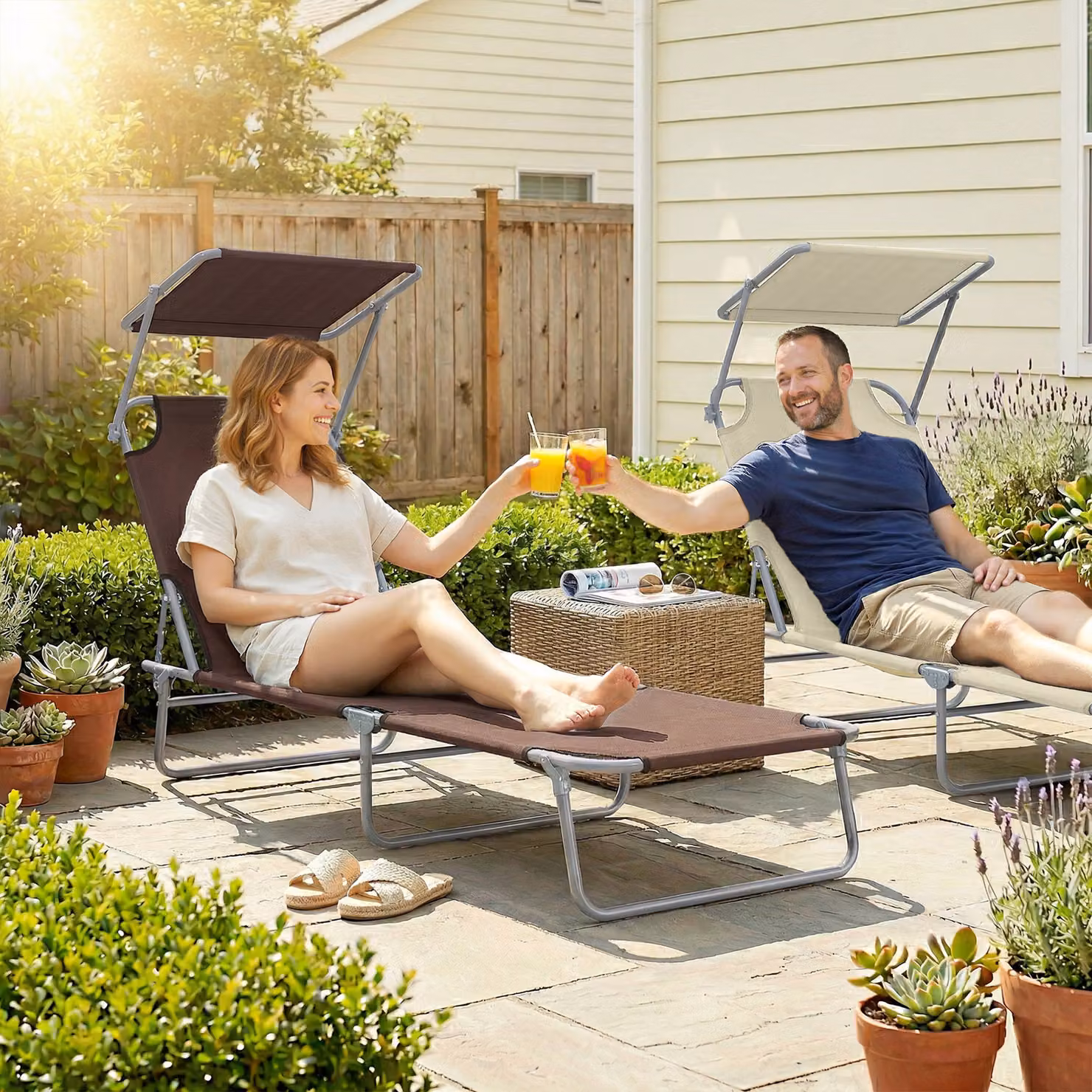 Outsunny Brown Folding Sun Lounger with Canopy and Textilene Fabric, W/D/H: 120 x 58 x 36 cm – 2