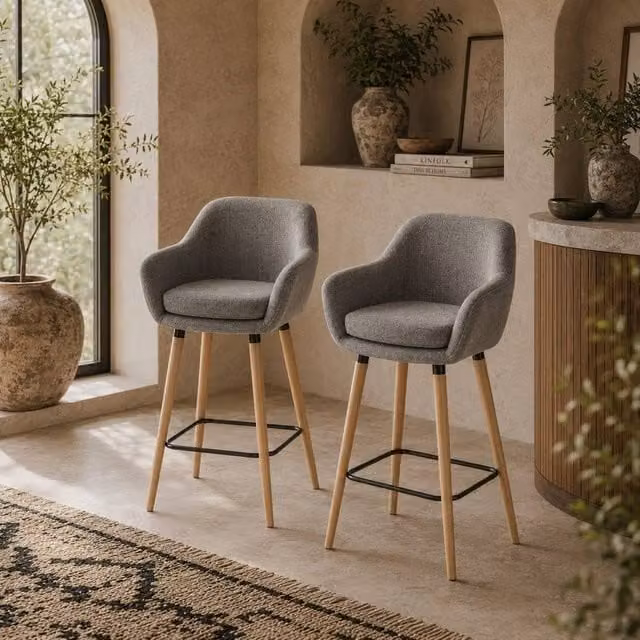 Wyld Haus Nonozzi Grey Fabric Bar Stools Set of 2 with Metal Frame and Solid Wood Legs – 1
