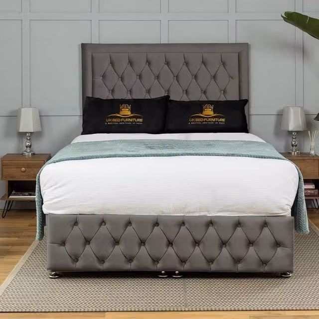 UK Bed Furniture Kingston End Lift Divan Ottoman Bed with 54 Inch Tall Headboard in Grey, W/D/H: 200 x 220 cm