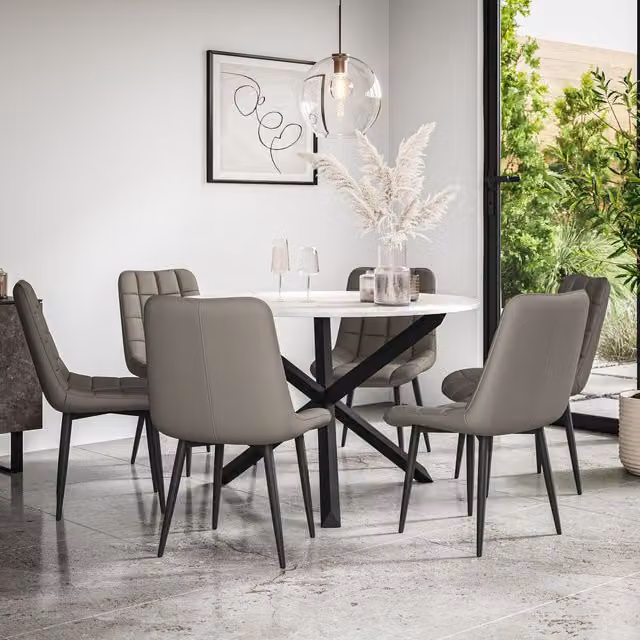 More4Homes Malvern Round Dining Table and 6 Nova Faux Leather Chairs Set, Marble Top with Solid Oak Black Legs, Grey