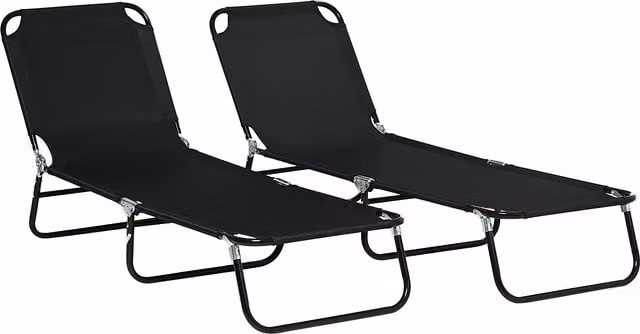 Outsunny Set of 2 Reclining Sun Loungers with Powder Coated Steel Frame and Black Textilene Mesh