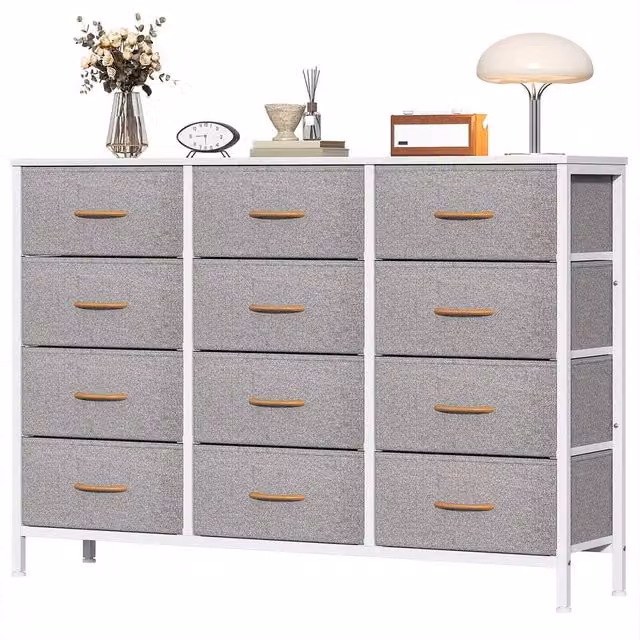 Ventryn Grey 12 Drawer Fabric and Metal Tall Dresser for Bedroom Storage
