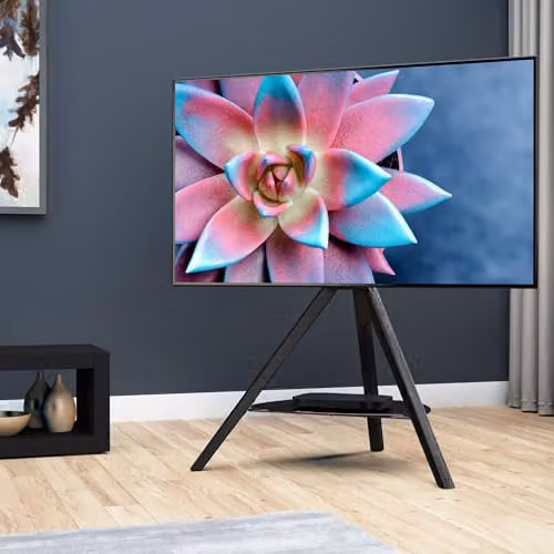 AVF Hoxton Black Tripod TV Floor Stand with Wood Legs and Black Glass Shelf for TVs 32 to 70 inches