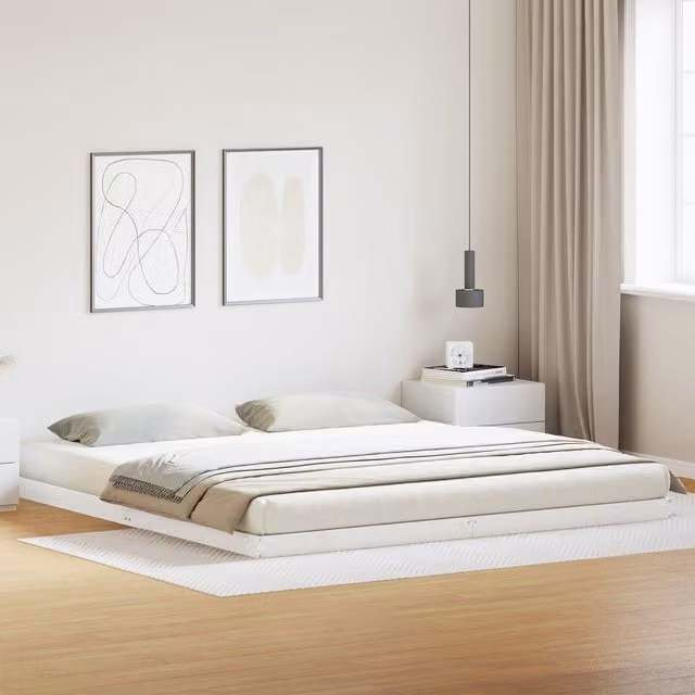 Berkfield Home Modern White Solid Pine Floor Bed Frame W/D/H: 220 x 200 x 9 cm – 1