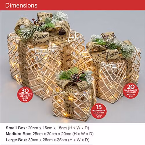 The Christmas Workshop Set of 3 Light-Up Christmas Boxes in White and Brown with 45 Warm White LED Lights, W/D/H: 30.0 x 25.0 x 30.0 cm – 2
