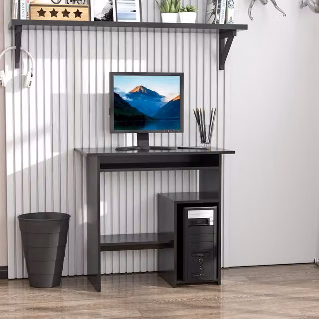 HOMCOM Compact Wooden Computer Desk with Keyboard Tray and Storage Shelf, Black