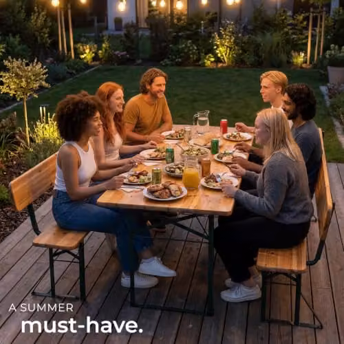 tectake 3-Piece Brown Wood and Powder Coated Steel Garden Table and Bench Set for 8 People – 7