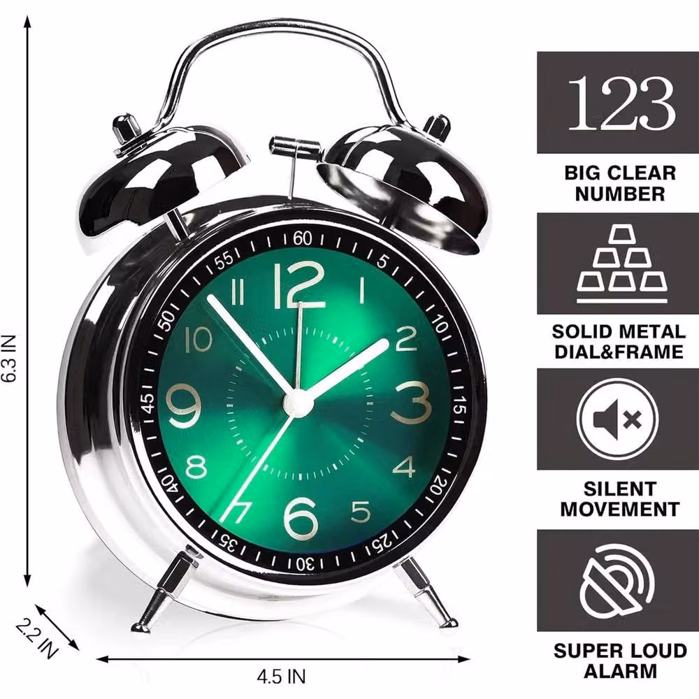 NESTLUNE Super Loud Twin Bell Alarm Clock with Night Light in Silver, W: 10.0 cm, H: 16.0 cm – 2