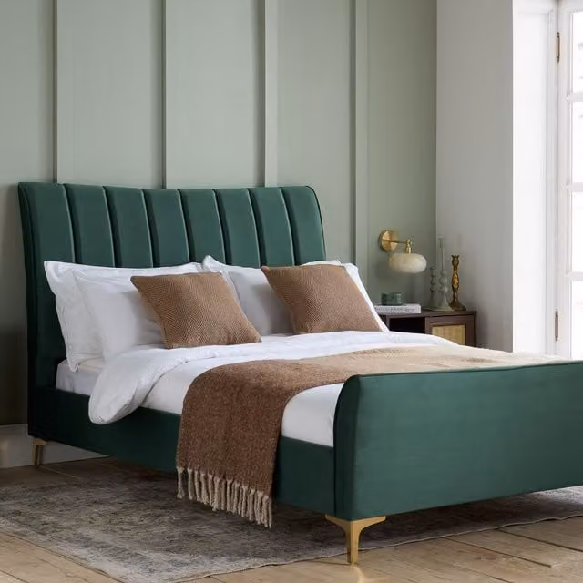 Birlea Clover Upholstered Velvet Bed Frame in Green with Gold Details and Lift Up Base W/D/H: 208 x 140 x 116 cm