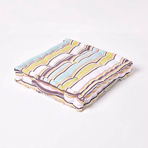 Homescapes Osaka Multi Stripes Square Cotton Floor Cushion, W/D/H: 50 x 50 x 10 cm, Multicolour