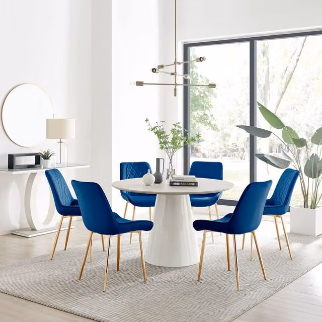 Furniturebox Palma Beige Stone Effect Round Dining Table and 6 Pesaro Navy Chairs with Gold Legs