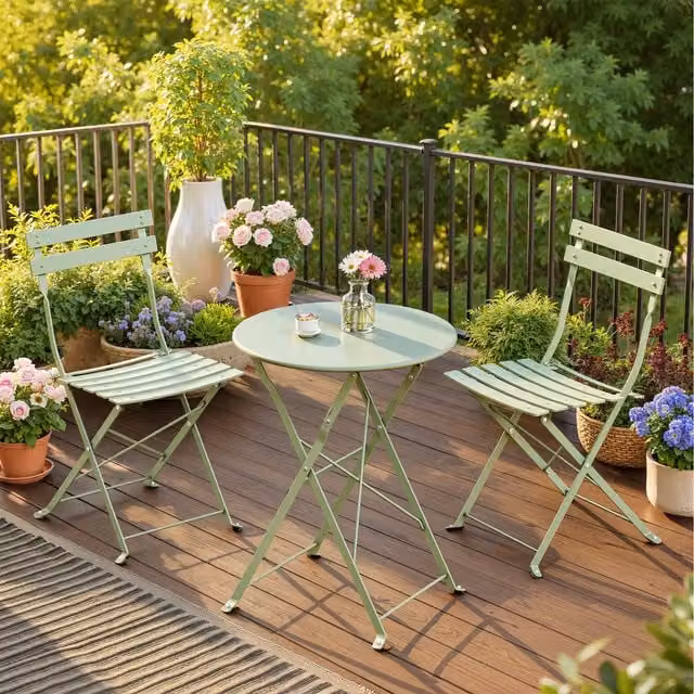 SONGMICS 3-Piece Folding Bistro Set with Round Table and Chairs in Green Matt Powder Coated Steel