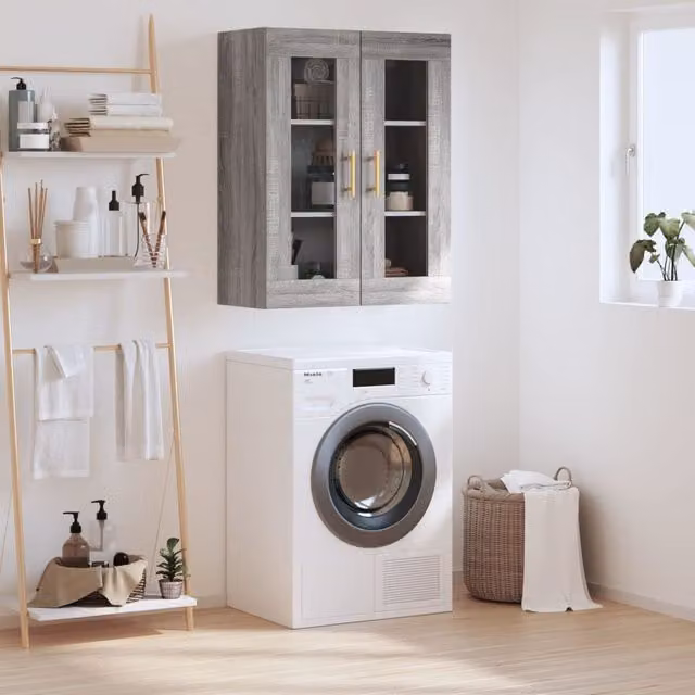 Berkfield Home Wall Mounted Cabinet in Grey with Glass Doors, W/D/H: 69.5 x 34 x 90 cm
