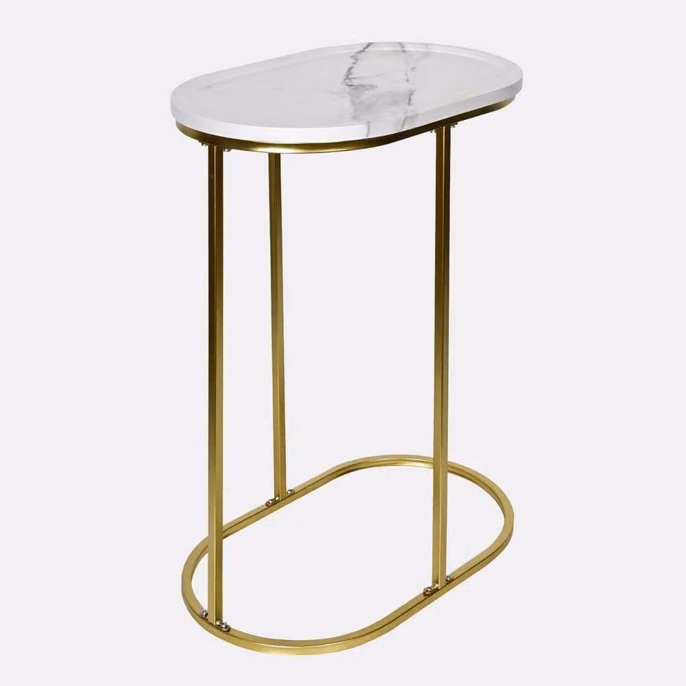 OHS White Marble Effect Oval C-Shaped Coffee Table – 2