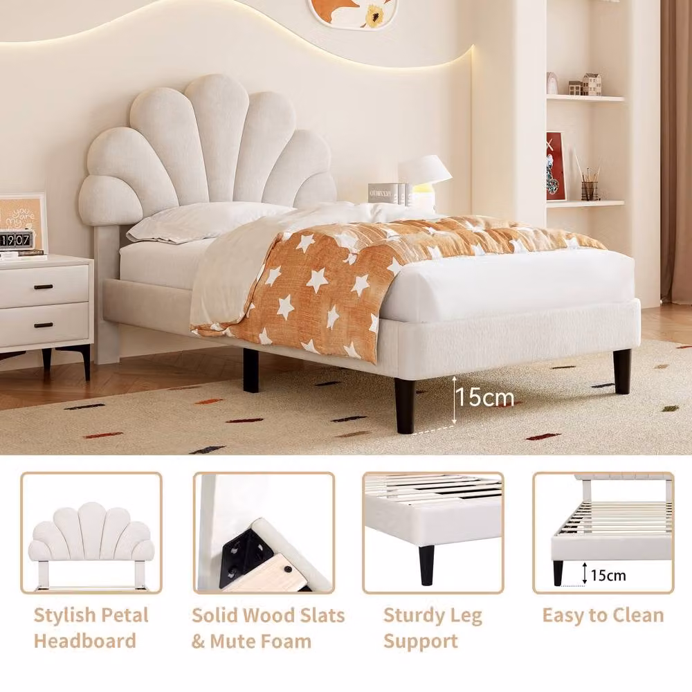 BTM Upholstered Velvet Bed Frame with Adjustable Chic Petal Headboard in Beige, Size: Single (W/D/H: 90 x 200 cm) – 2