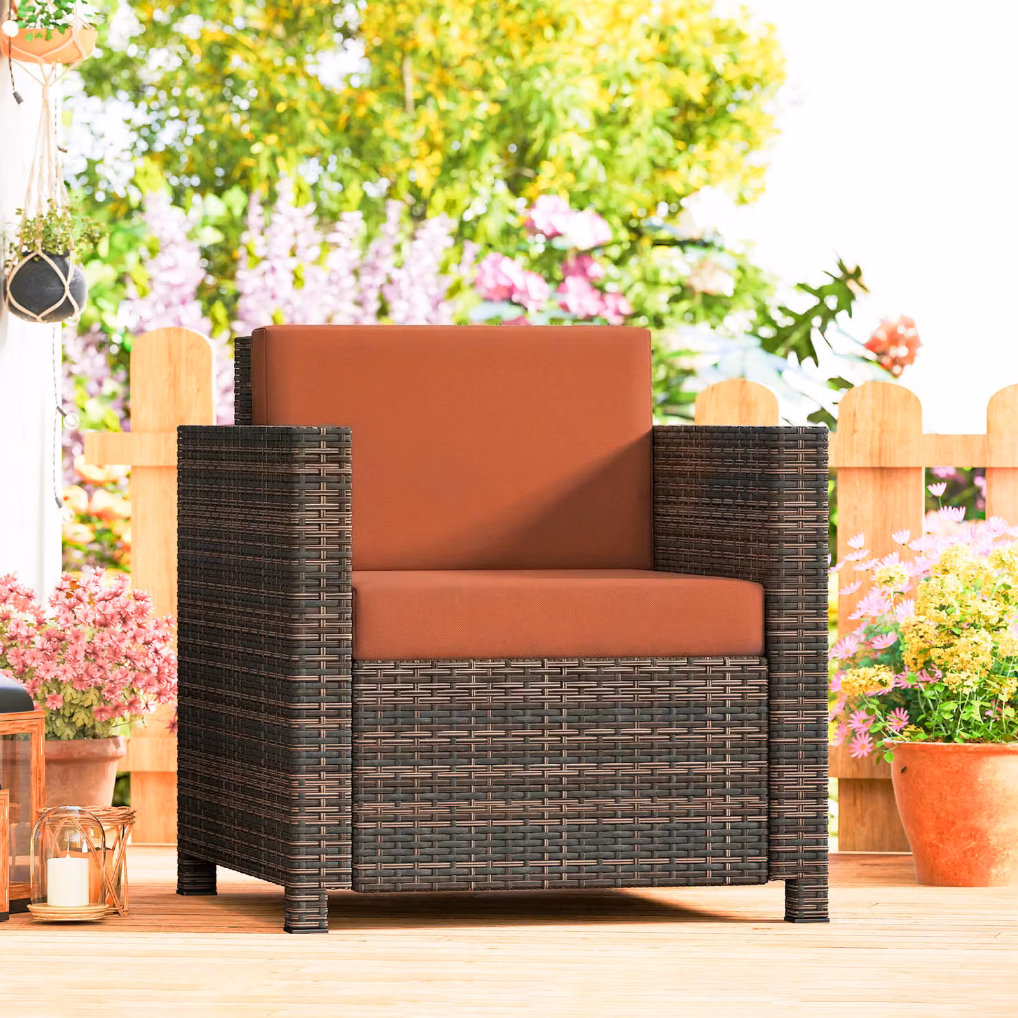 Outsunny PE Rattan Garden Armchair with Cushions in Brown and Orange – 2